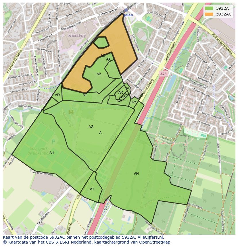 Afbeelding van het postcodegebied 5932 AC op de kaart.