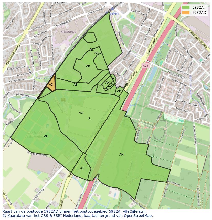 Afbeelding van het postcodegebied 5932 AD op de kaart.