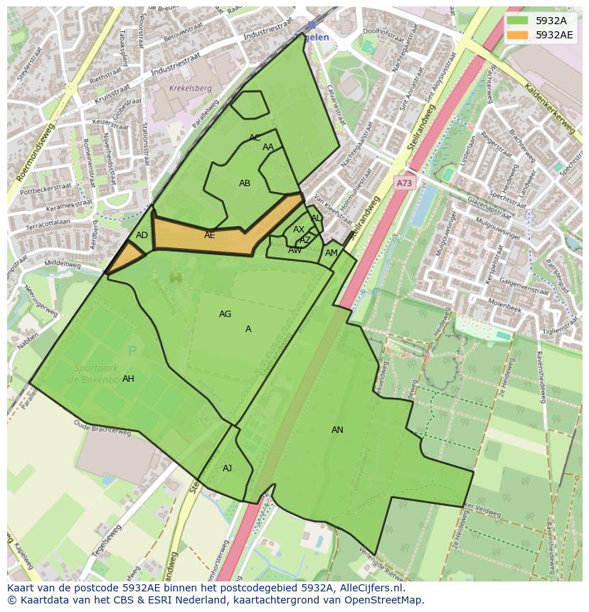 Afbeelding van het postcodegebied 5932 AE op de kaart.