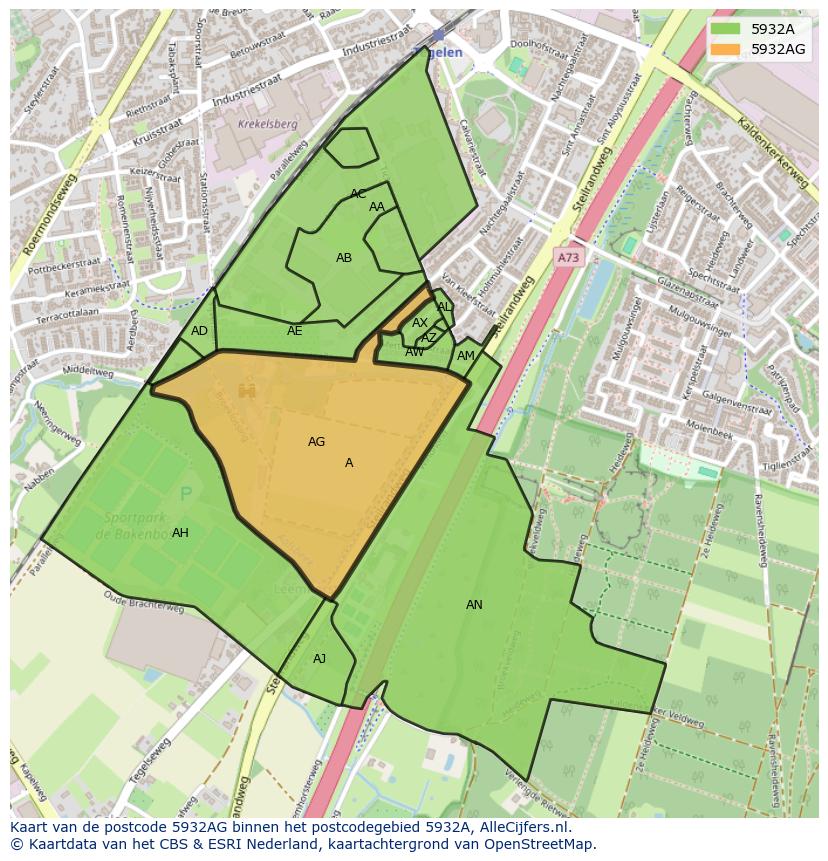 Afbeelding van het postcodegebied 5932 AG op de kaart.