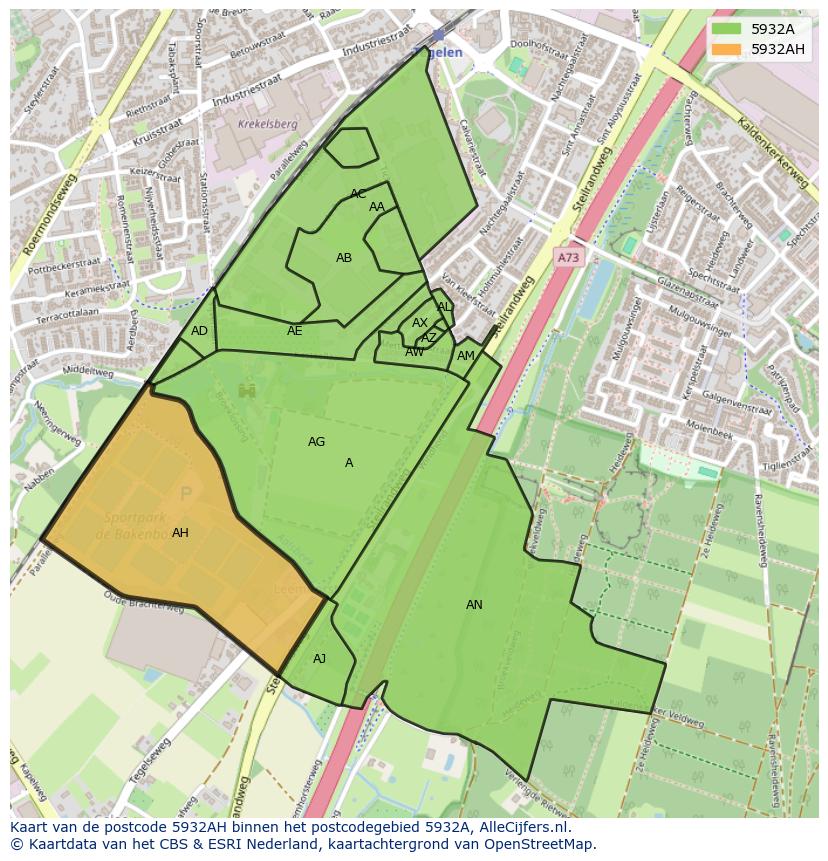 Afbeelding van het postcodegebied 5932 AH op de kaart.