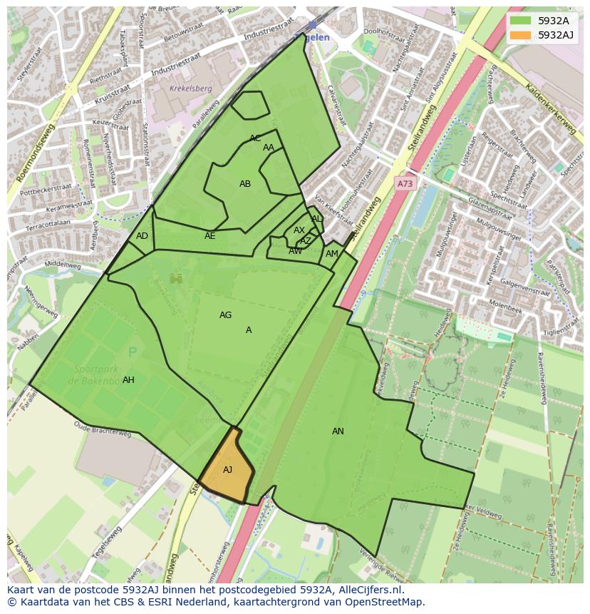 Afbeelding van het postcodegebied 5932 AJ op de kaart.