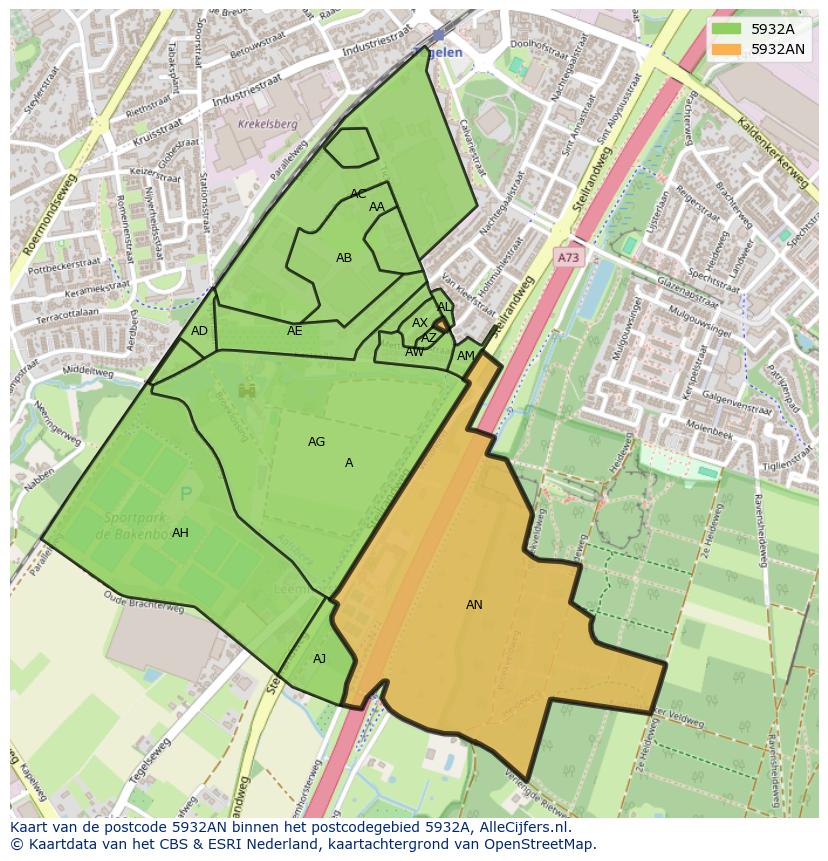 Afbeelding van het postcodegebied 5932 AN op de kaart.