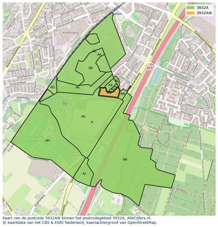 Afbeelding van het postcodegebied 5932 AW op de kaart.
