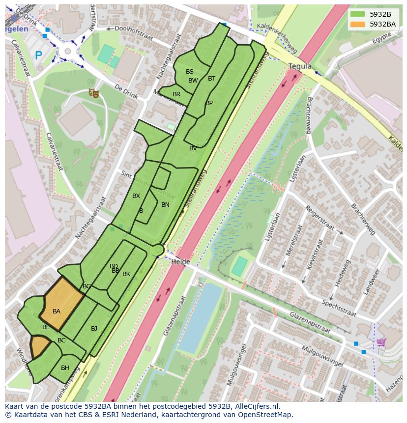 Afbeelding van het postcodegebied 5932 BA op de kaart.