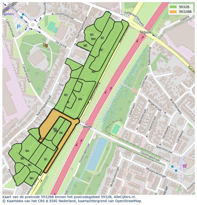 Afbeelding van het postcodegebied 5932 BB op de kaart.