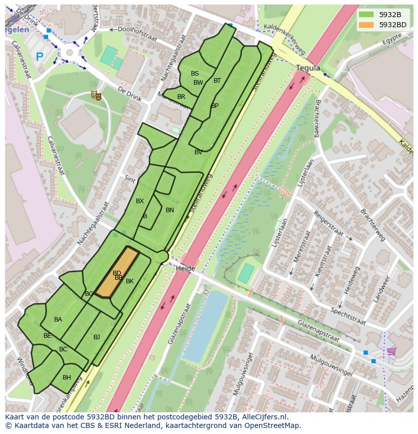 Afbeelding van het postcodegebied 5932 BD op de kaart.