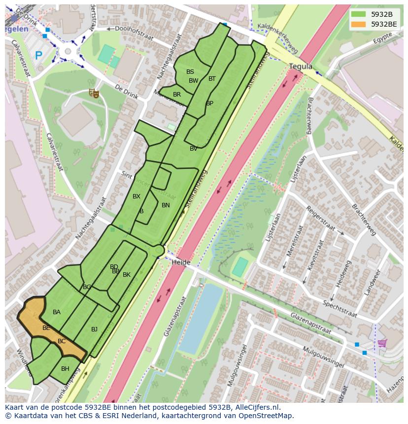 Afbeelding van het postcodegebied 5932 BE op de kaart.