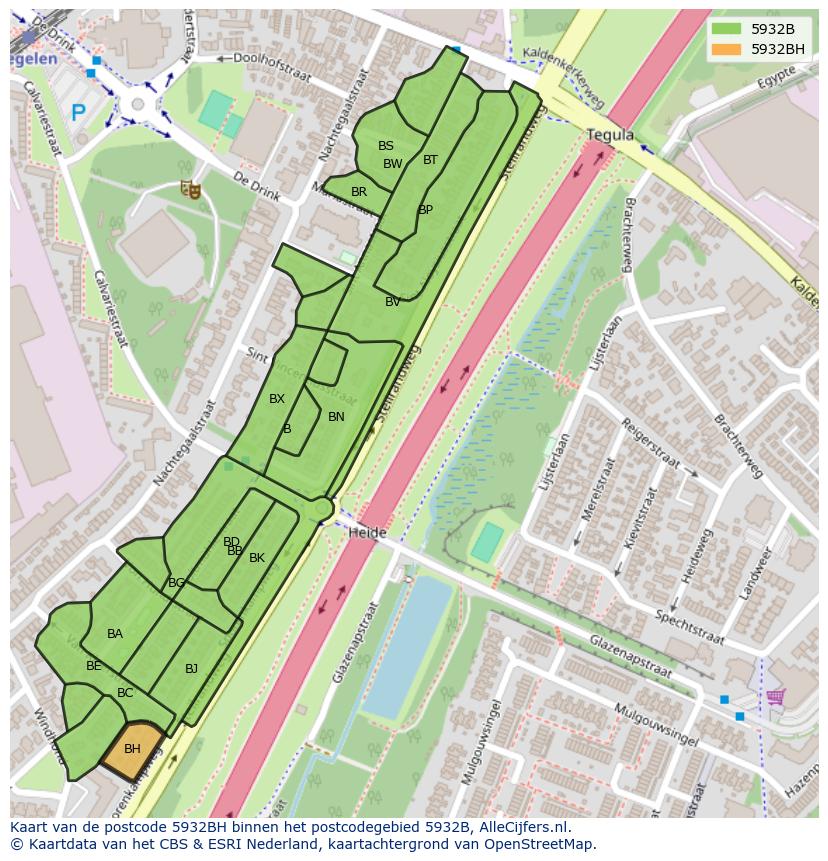 Afbeelding van het postcodegebied 5932 BH op de kaart.