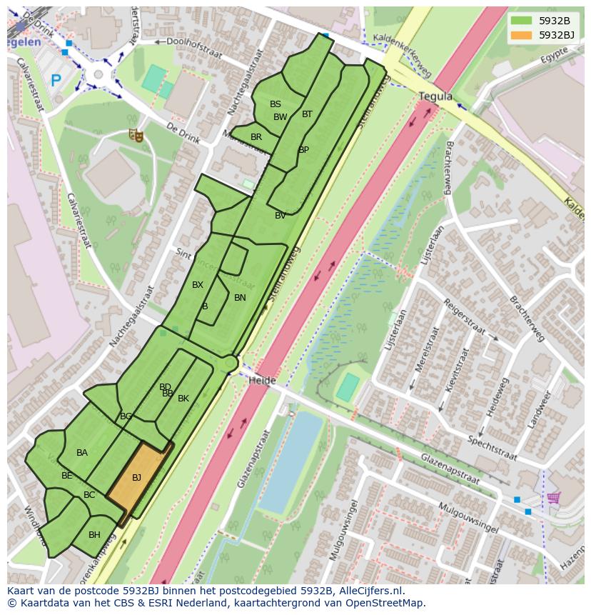 Afbeelding van het postcodegebied 5932 BJ op de kaart.