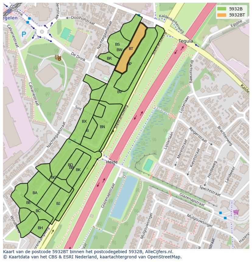 Afbeelding van het postcodegebied 5932 BT op de kaart.