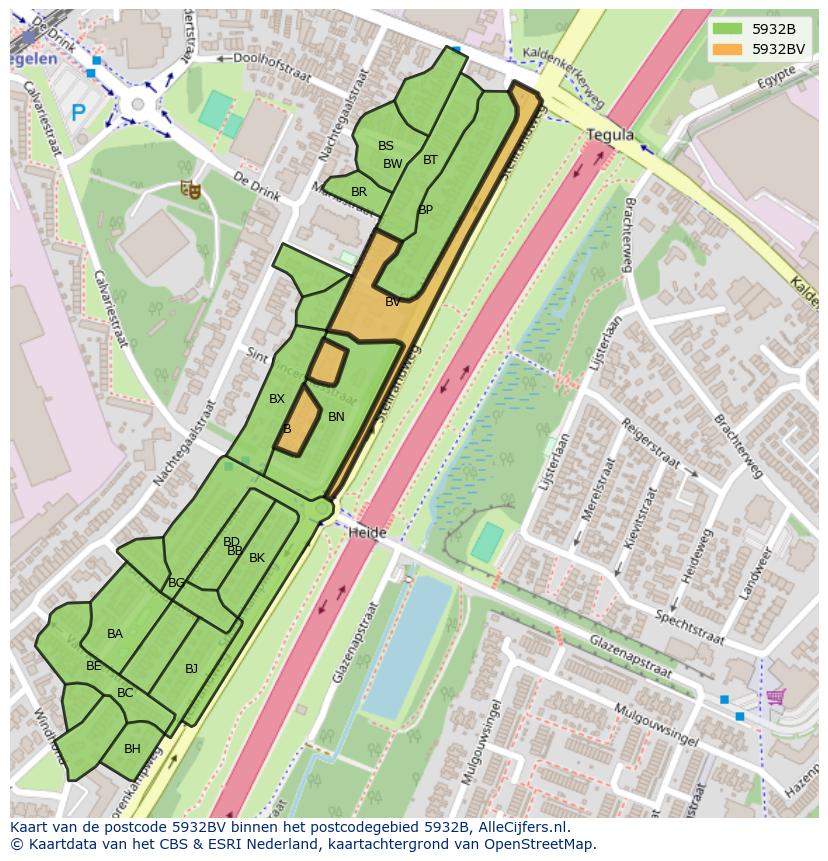 Afbeelding van het postcodegebied 5932 BV op de kaart.