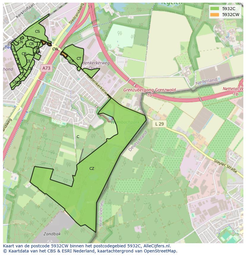 Afbeelding van het postcodegebied 5932 CW op de kaart.