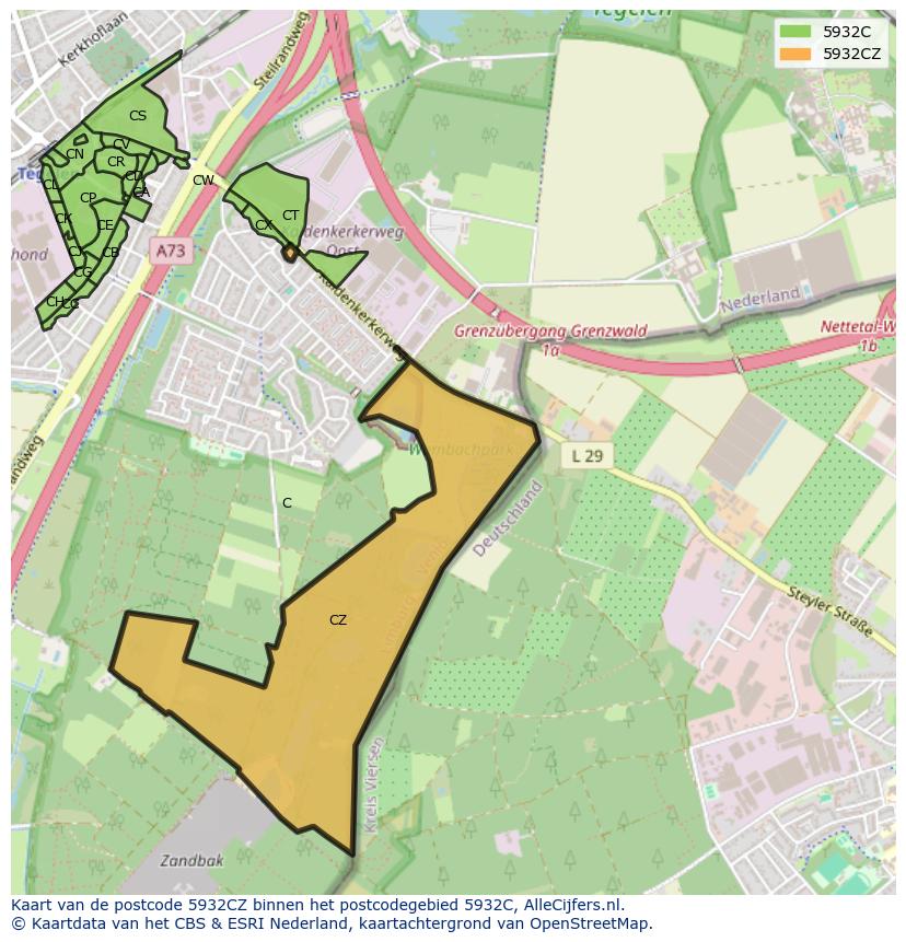 Afbeelding van het postcodegebied 5932 CZ op de kaart.