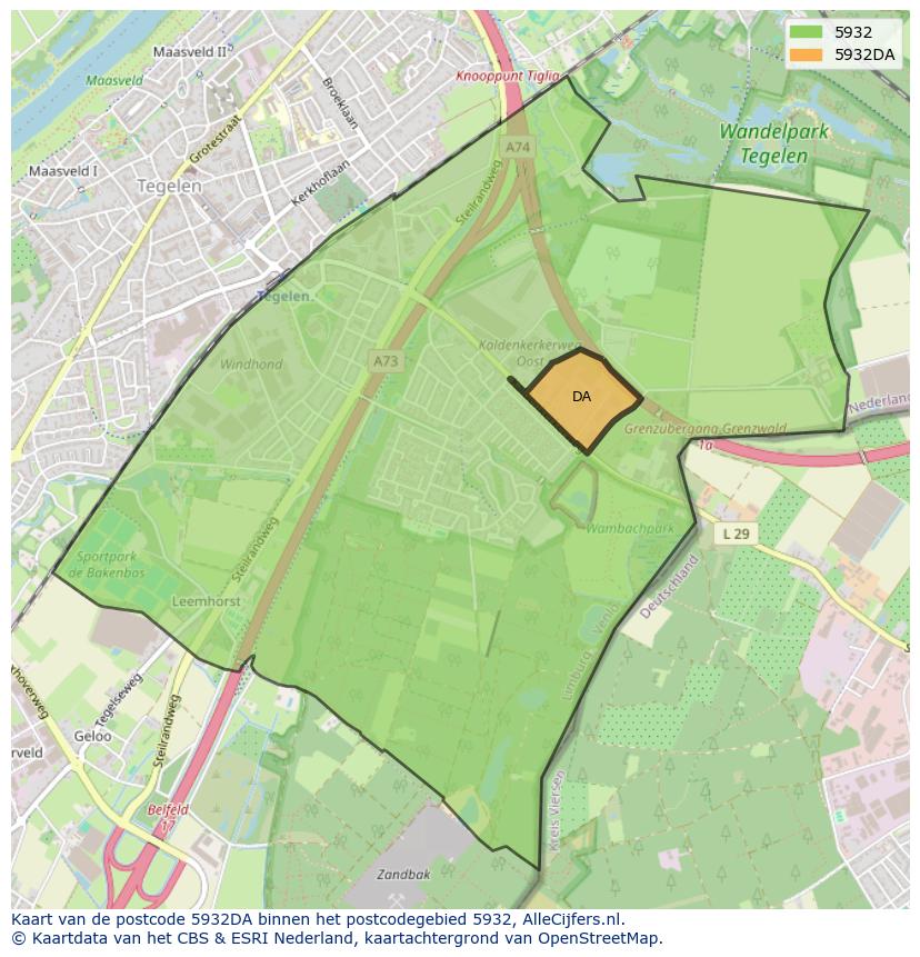 Afbeelding van het postcodegebied 5932 DA op de kaart.