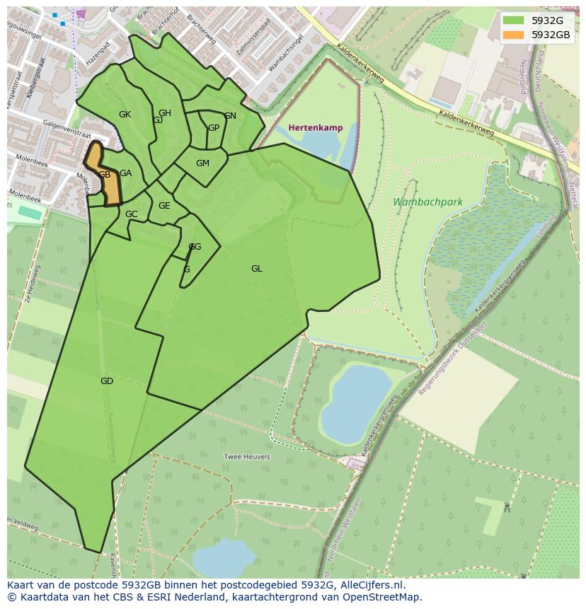 Afbeelding van het postcodegebied 5932 GB op de kaart.