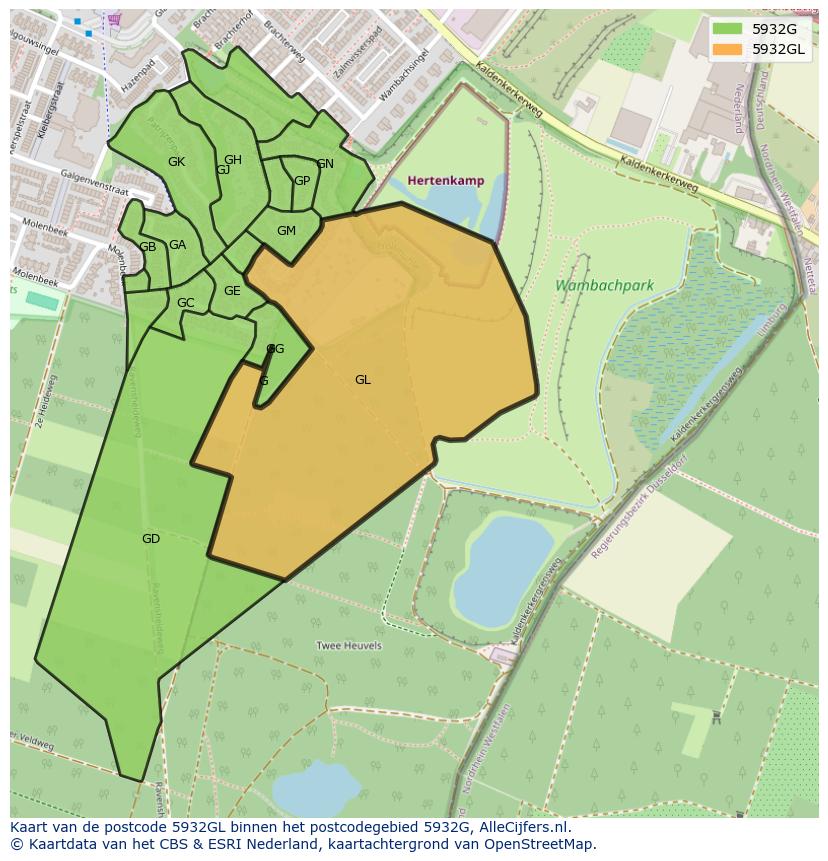 Afbeelding van het postcodegebied 5932 GL op de kaart.