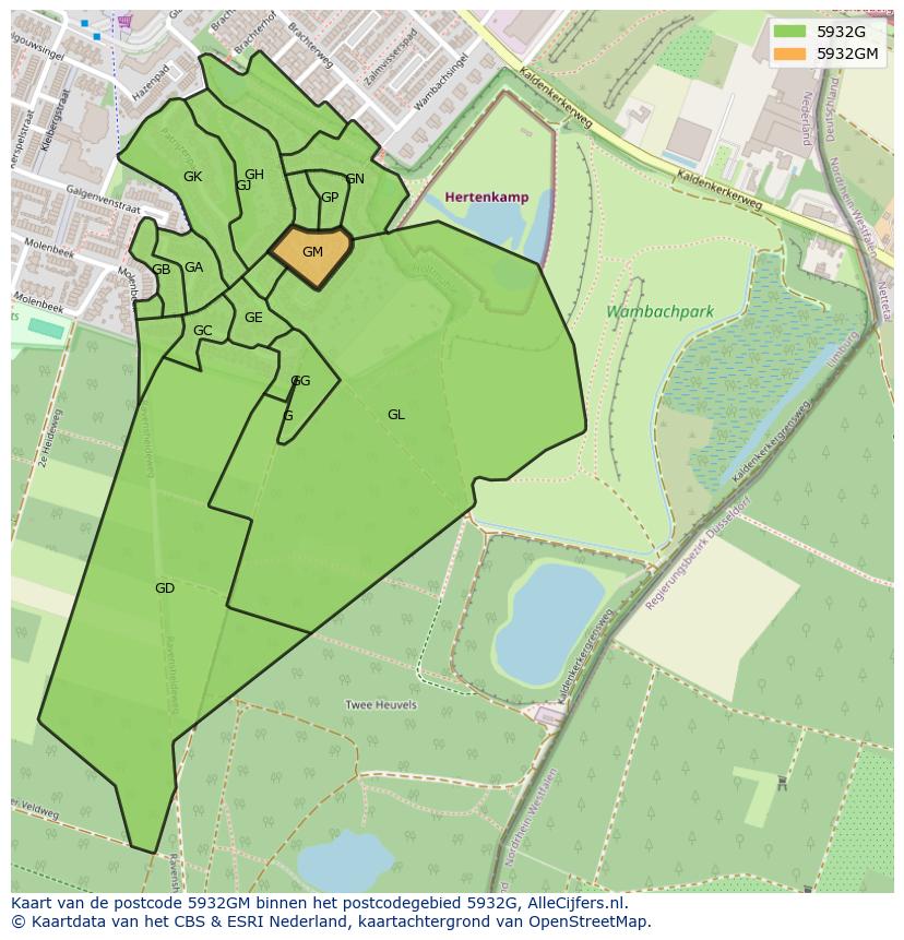 Afbeelding van het postcodegebied 5932 GM op de kaart.