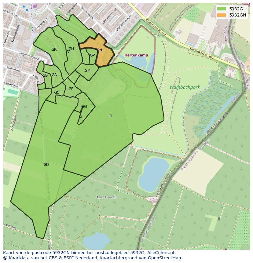 Afbeelding van het postcodegebied 5932 GN op de kaart.