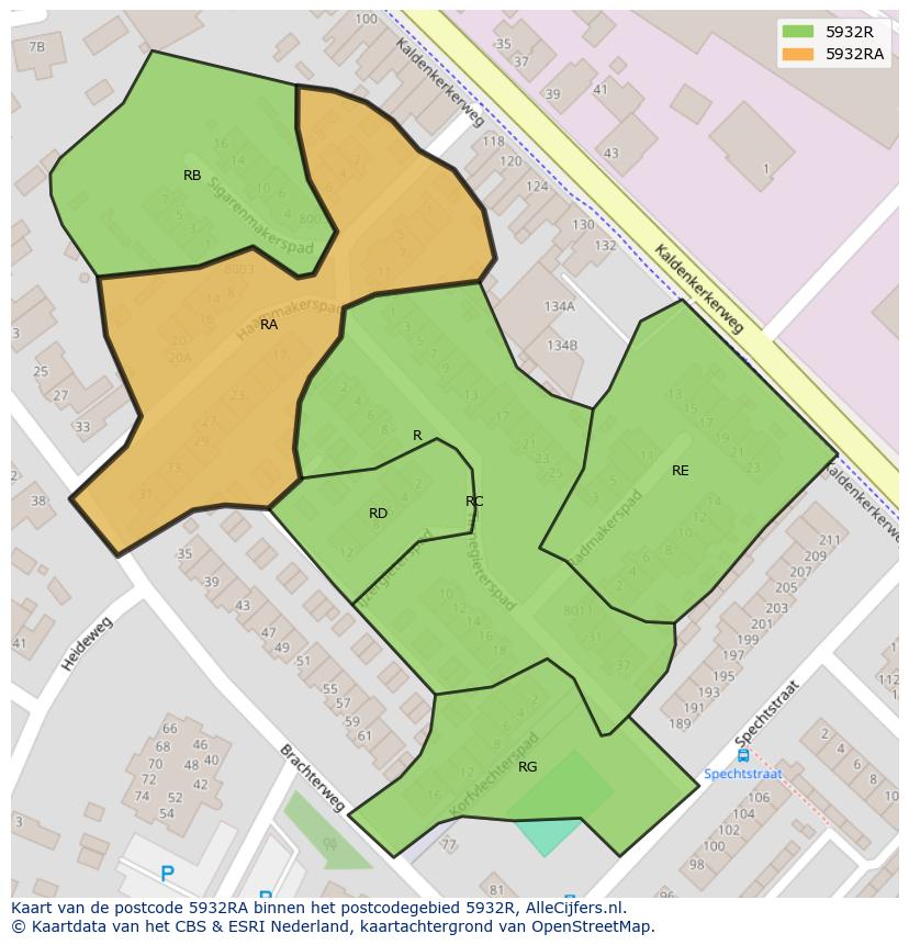 Afbeelding van het postcodegebied 5932 RA op de kaart.