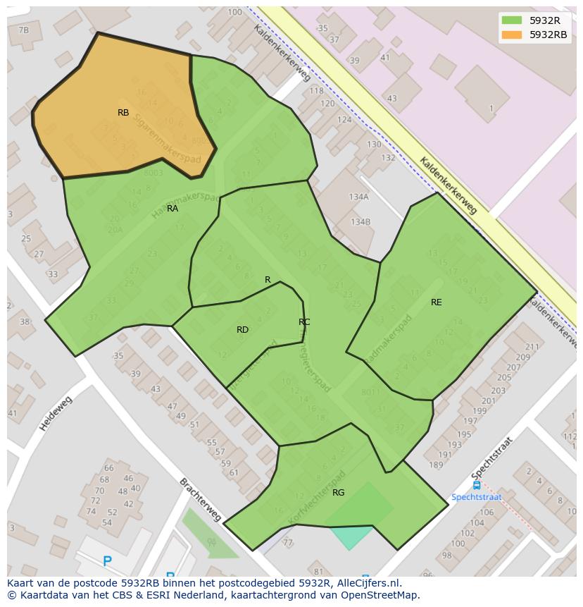 Afbeelding van het postcodegebied 5932 RB op de kaart.