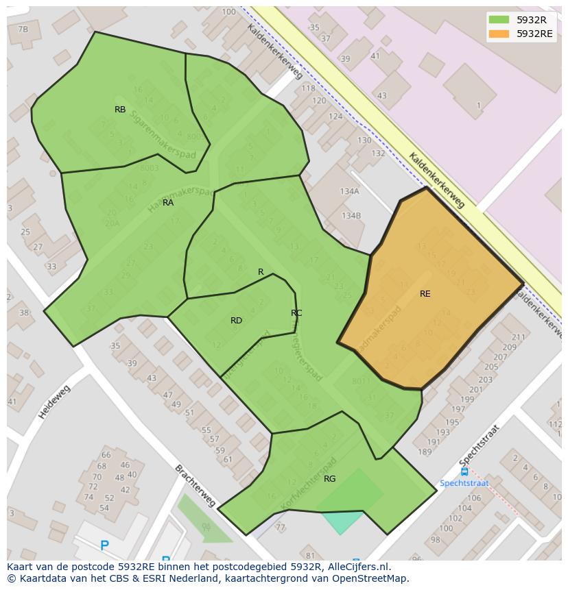 Afbeelding van het postcodegebied 5932 RE op de kaart.
