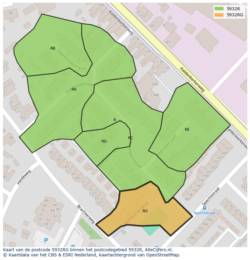 Afbeelding van het postcodegebied 5932 RG op de kaart.
