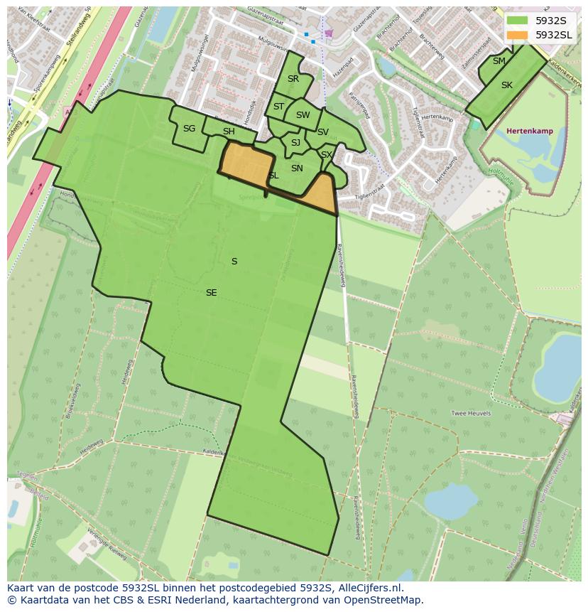 Afbeelding van het postcodegebied 5932 SL op de kaart.