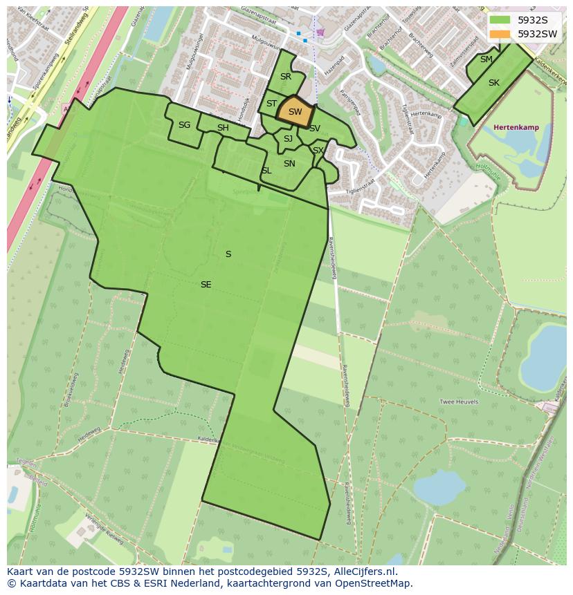 Afbeelding van het postcodegebied 5932 SW op de kaart.