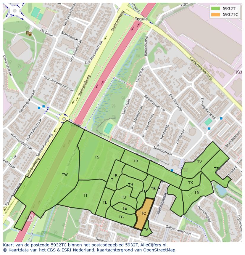 Afbeelding van het postcodegebied 5932 TC op de kaart.