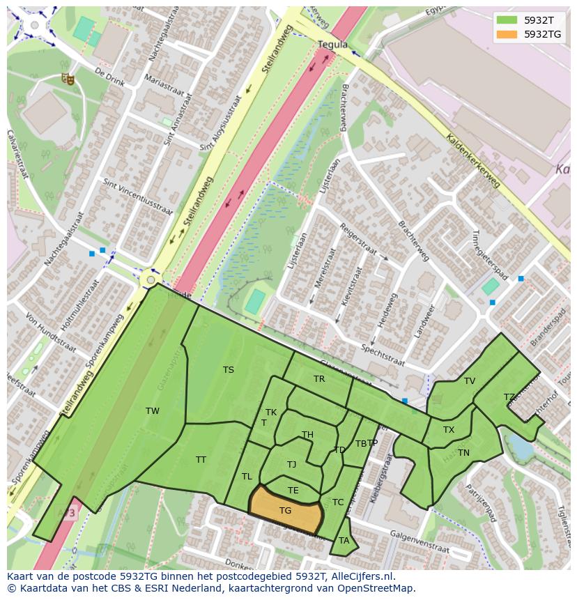Afbeelding van het postcodegebied 5932 TG op de kaart.