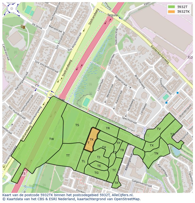 Afbeelding van het postcodegebied 5932 TK op de kaart.