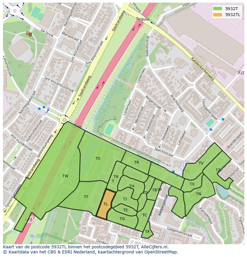 Afbeelding van het postcodegebied 5932 TL op de kaart.