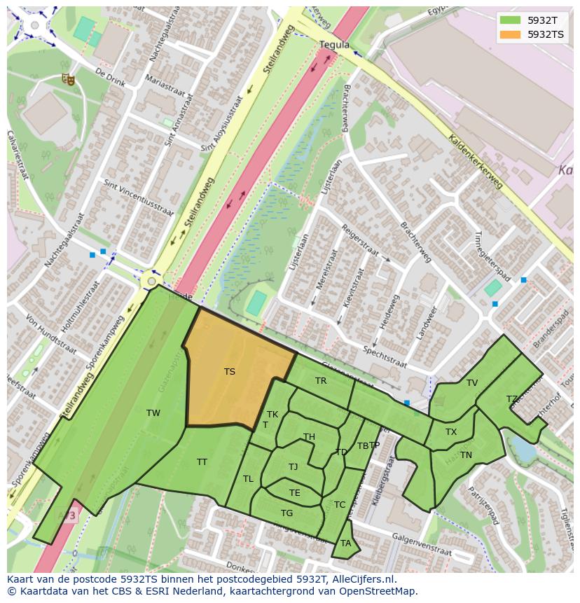 Afbeelding van het postcodegebied 5932 TS op de kaart.