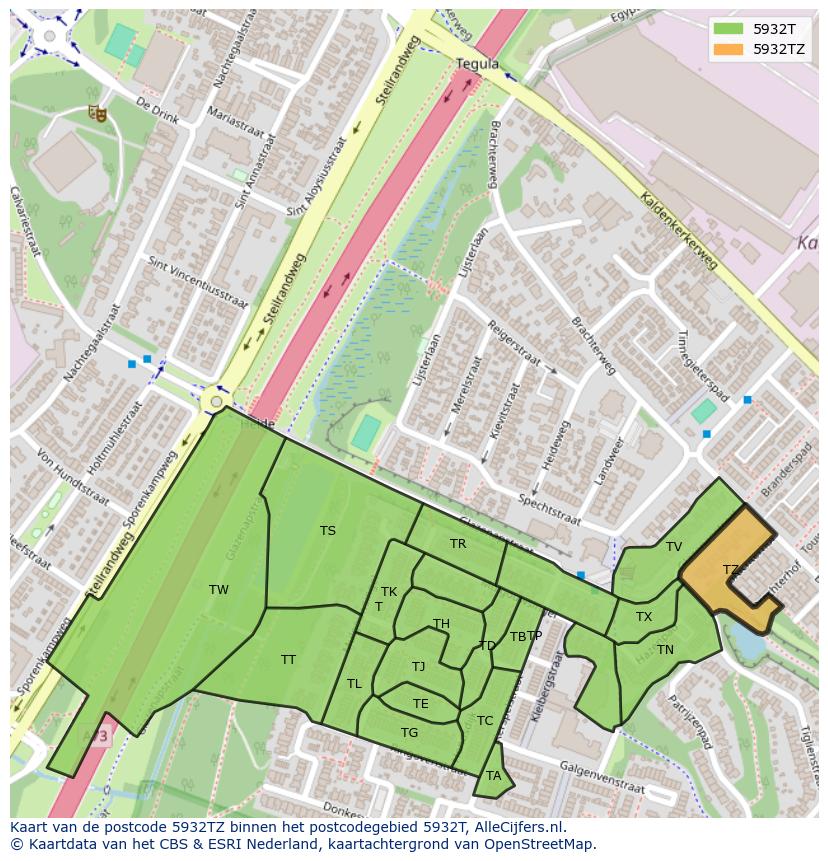 Afbeelding van het postcodegebied 5932 TZ op de kaart.
