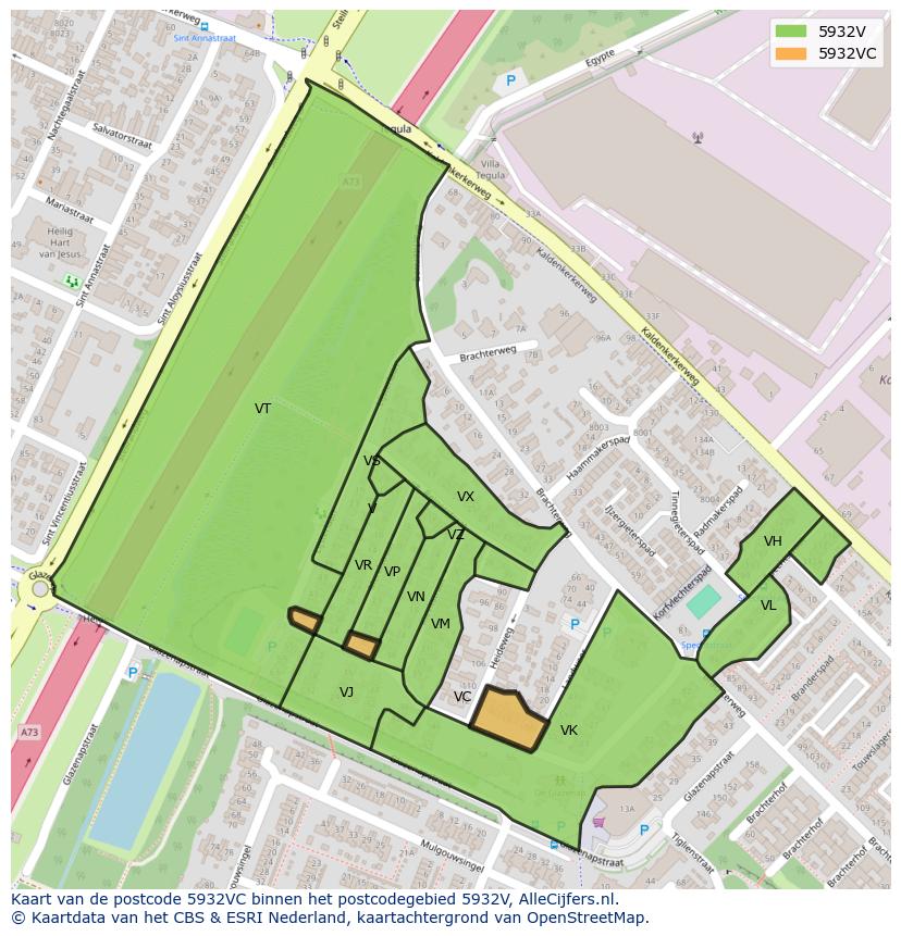 Afbeelding van het postcodegebied 5932 VC op de kaart.