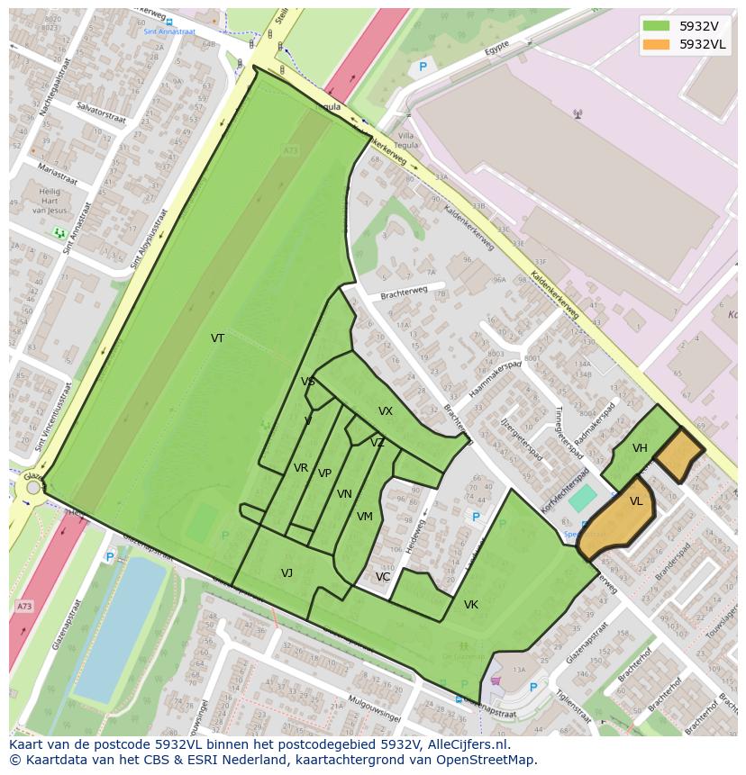 Afbeelding van het postcodegebied 5932 VL op de kaart.