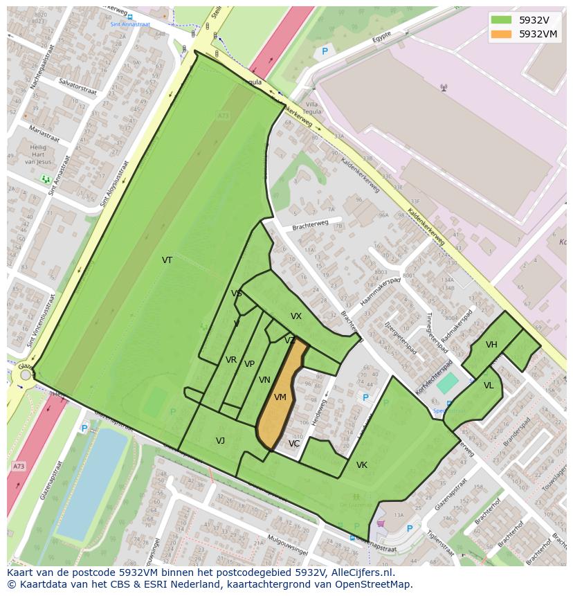 Afbeelding van het postcodegebied 5932 VM op de kaart.