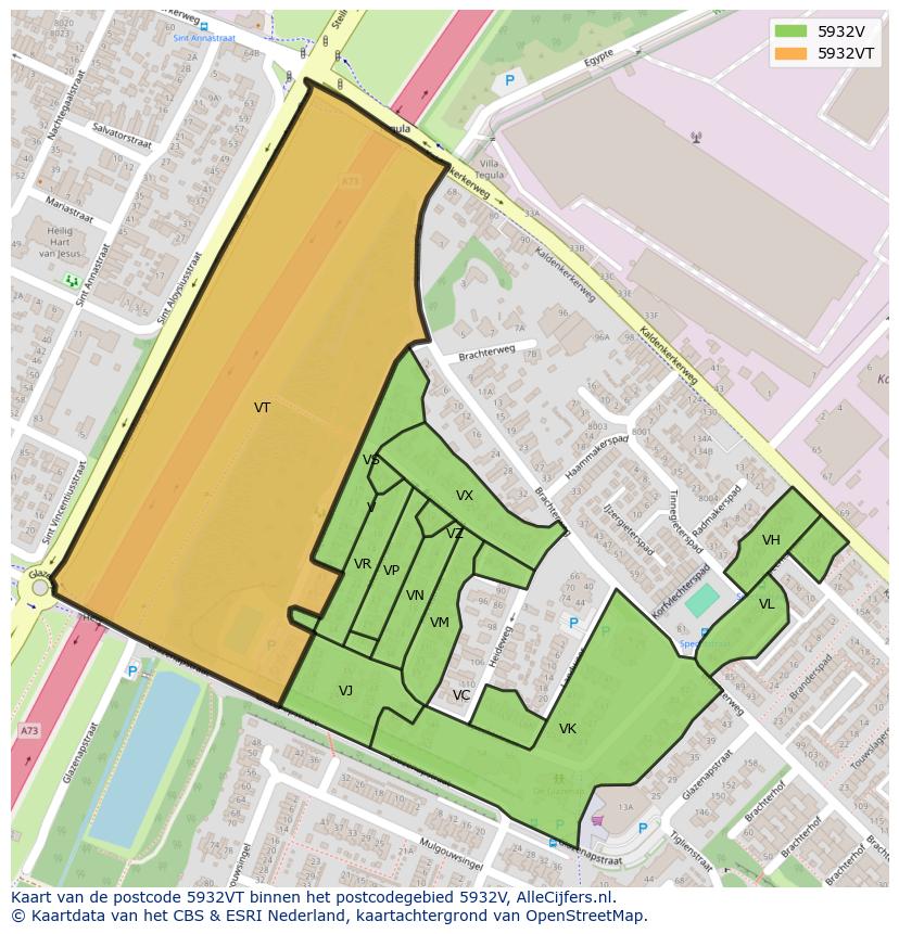 Afbeelding van het postcodegebied 5932 VT op de kaart.