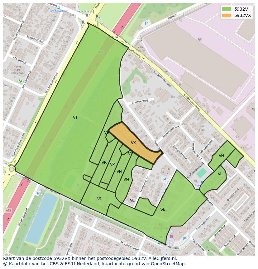 Afbeelding van het postcodegebied 5932 VX op de kaart.