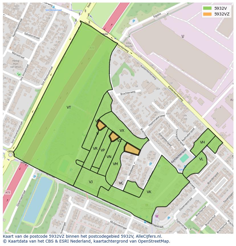Afbeelding van het postcodegebied 5932 VZ op de kaart.