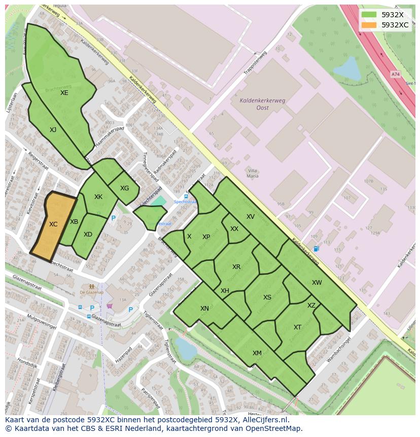 Afbeelding van het postcodegebied 5932 XC op de kaart.