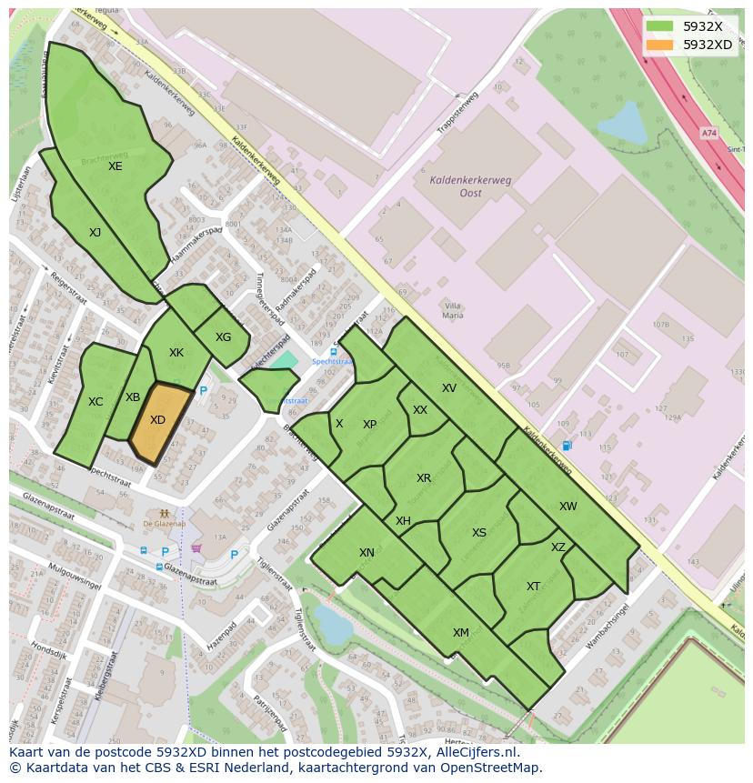Afbeelding van het postcodegebied 5932 XD op de kaart.
