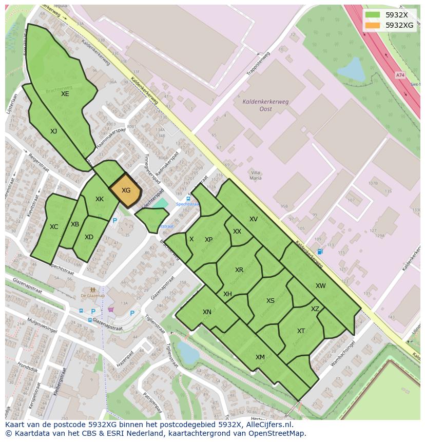 Afbeelding van het postcodegebied 5932 XG op de kaart.