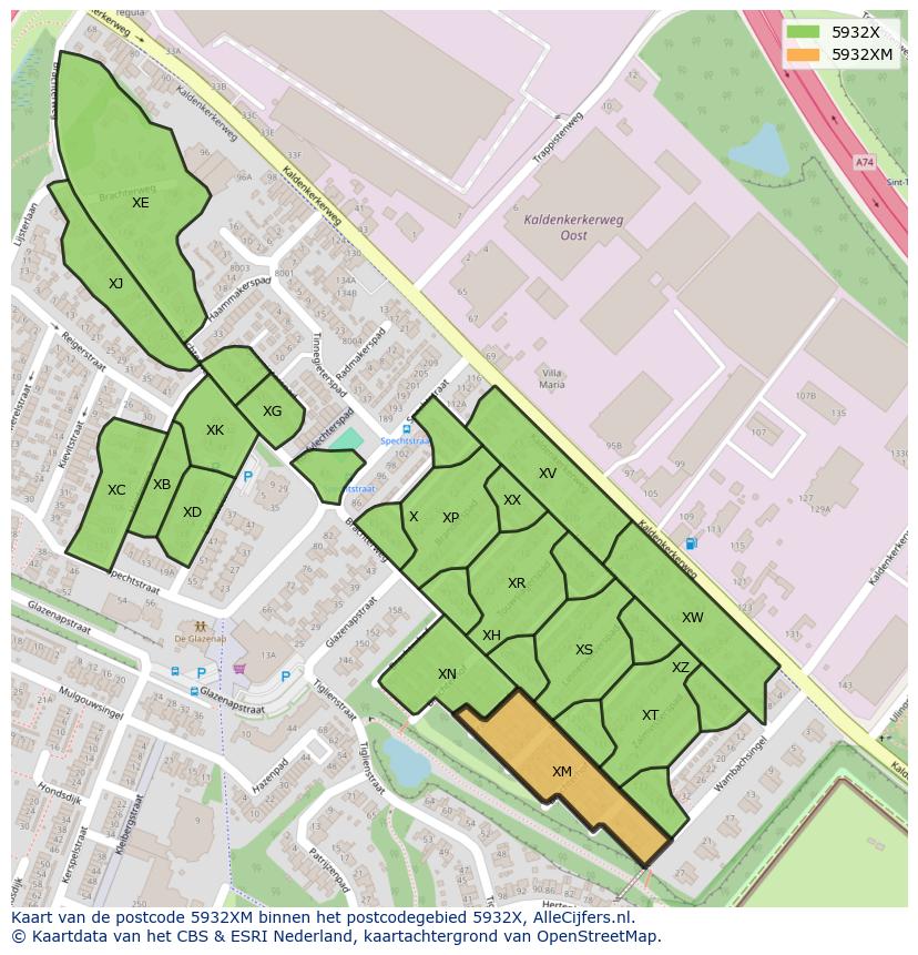 Afbeelding van het postcodegebied 5932 XM op de kaart.