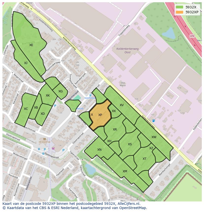 Afbeelding van het postcodegebied 5932 XP op de kaart.