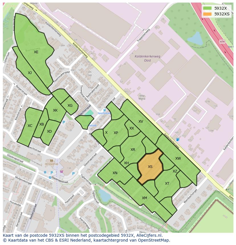 Afbeelding van het postcodegebied 5932 XS op de kaart.