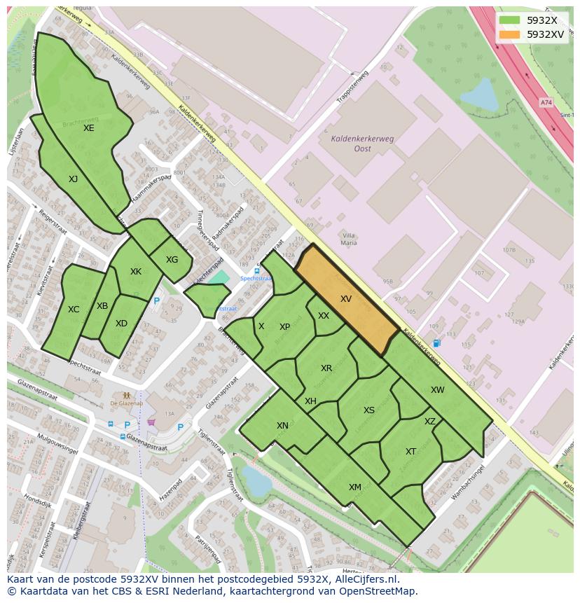Afbeelding van het postcodegebied 5932 XV op de kaart.