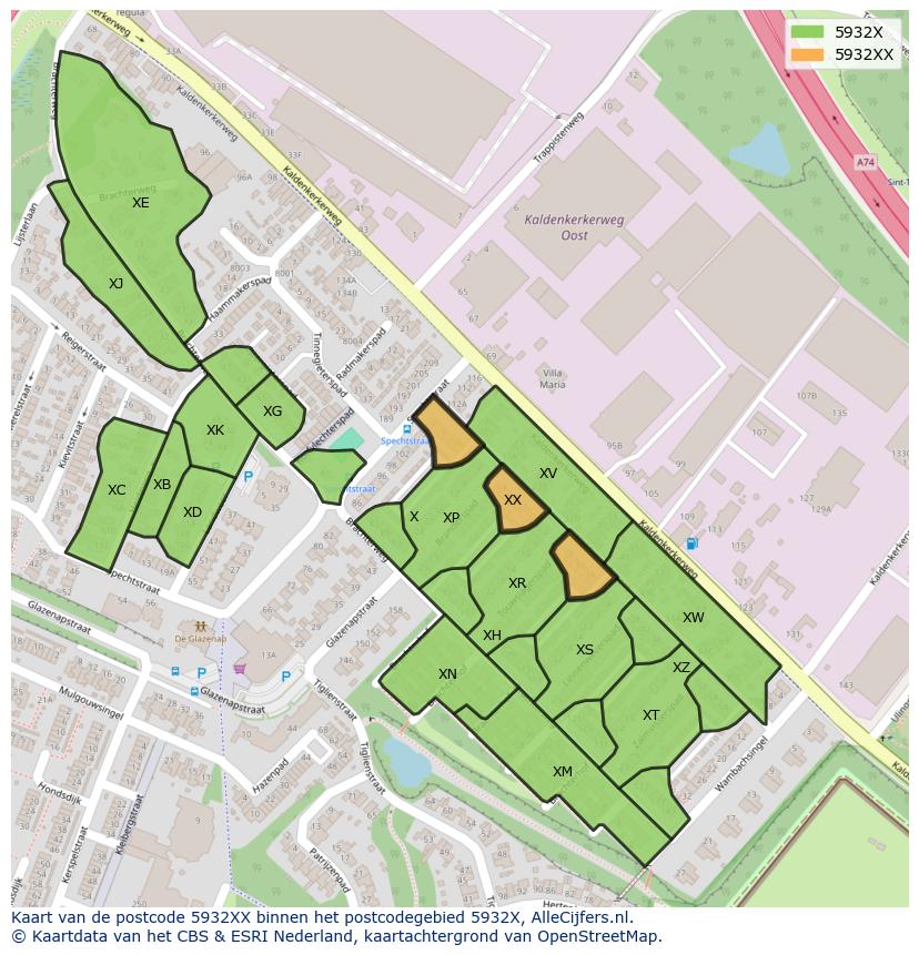 Afbeelding van het postcodegebied 5932 XX op de kaart.