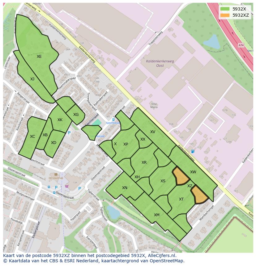 Afbeelding van het postcodegebied 5932 XZ op de kaart.